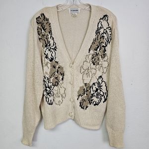 VTG JH Collectibles Cardigan Silk Blend Cream Floral Accent Sz L Grandmacore